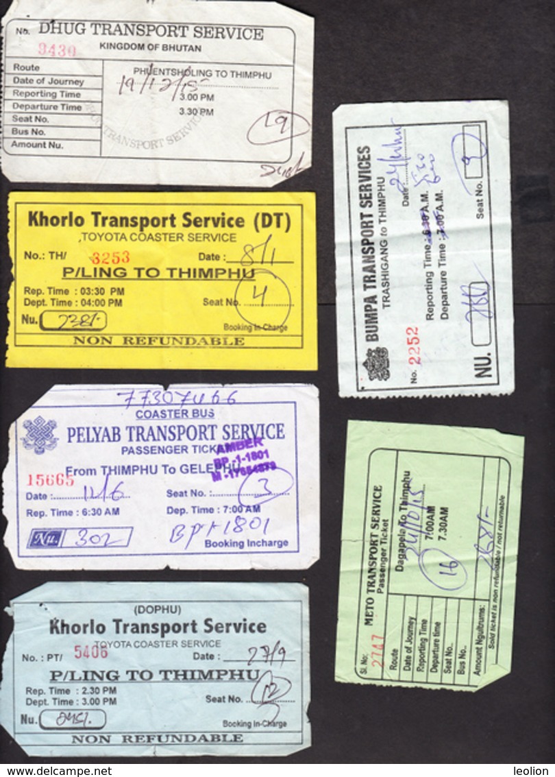 BHUTAN 6x Bus Tickets (used) Phuentsholing / Trashigang / Dagapela To Thimphu And Thimphu To Gelephu BHOUTAN - Wereld
