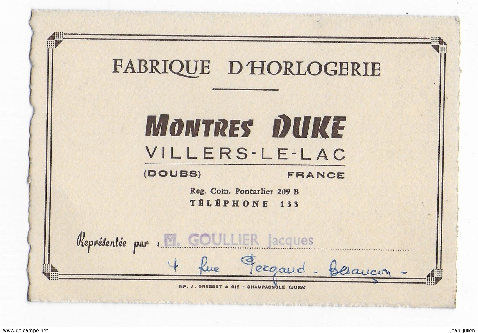 25 - VILLERS LE LAC - Horlogerie  - Montres DUKE - Publicités