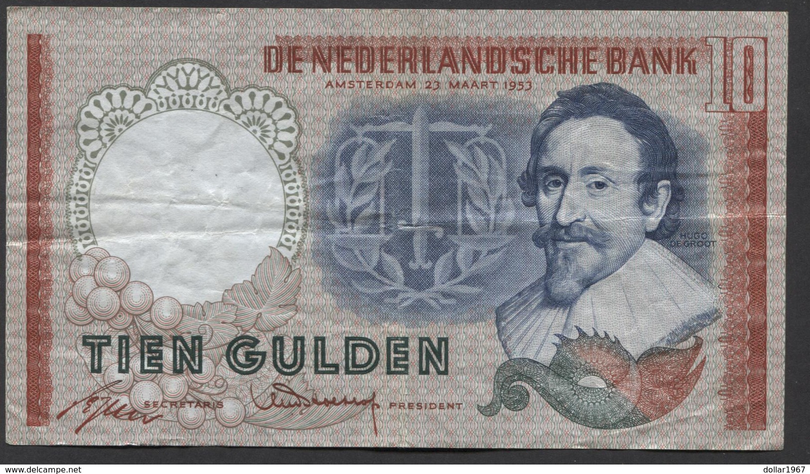 Netherlands 10 Gulden, 1953  -  5 LS 023949 - See The 2 Scans For Condition.(Originalscan ) - 10 Gulden