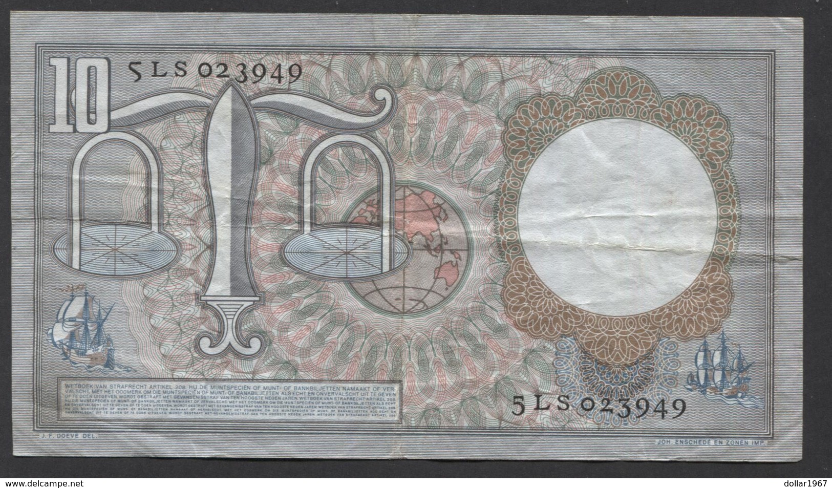 Netherlands 10 Gulden, 1953  -  5 LS 023949 - See The 2 Scans For Condition.(Originalscan ) - 10 Gulden