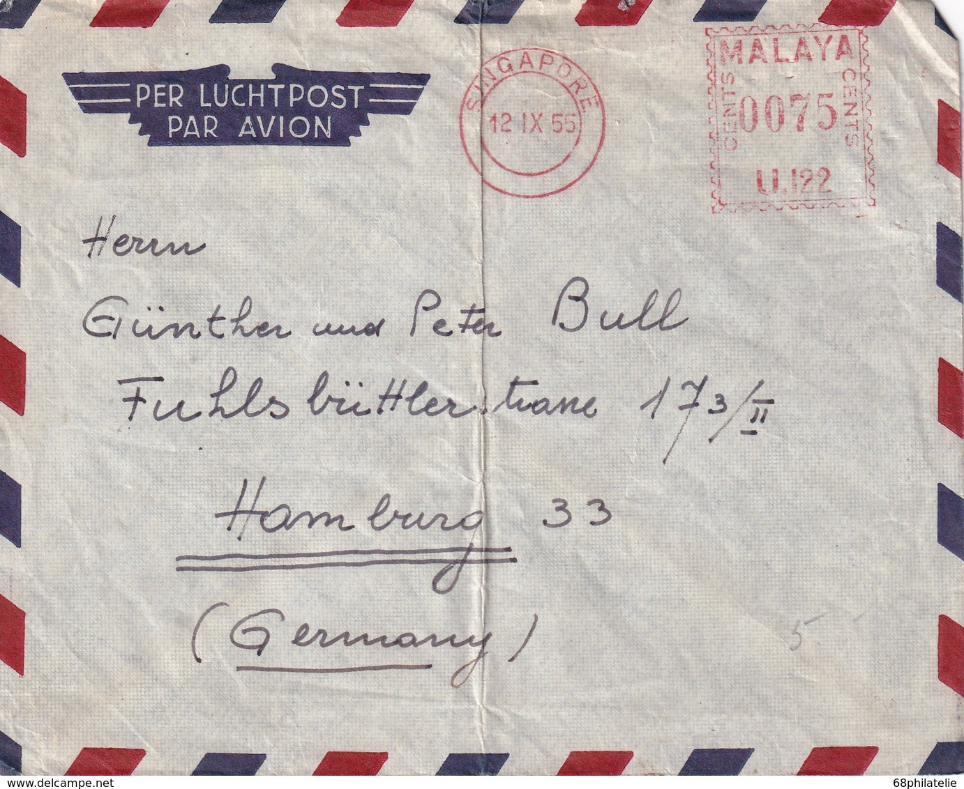 MALAYA 1955 PLI AERIEN DE SINGAPORE  EMA - Malayan Postal Union