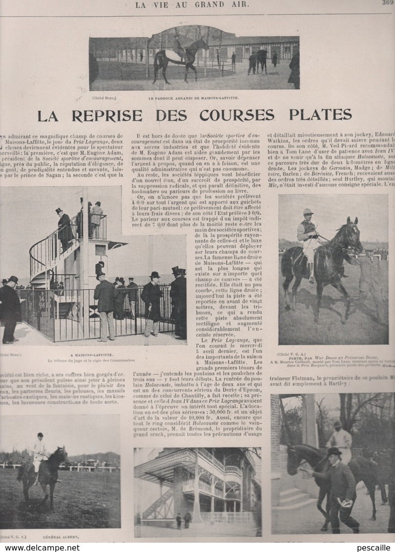 LA VIE AU GRAND AIR 15 04 1899 - HOCKEY SUR GAZON - CONCOURS HIPPIQUE - COURSE PARIS ROUBAIX - NICE REGATES VOILE AVIRON
