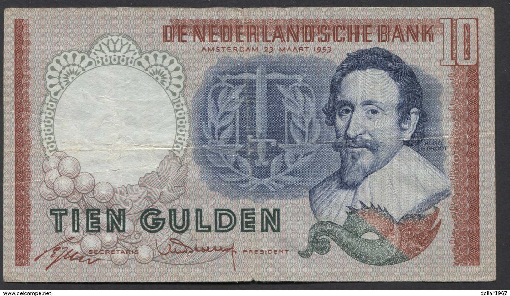 Netherlands 10 Gulden, 1953  -  4 TX 057881 - See The 2 Scans For Condition.(Originalscan ) - 10 Florín Holandés (gulden)