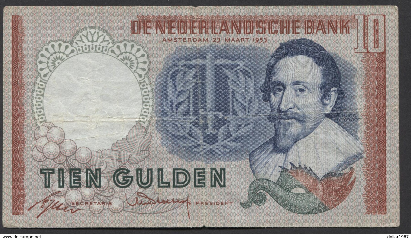 Netherlands 10 Gulden, 1953  -  4 TX 057881 - See The 2 Scans For Condition.(Originalscan ) - 10 Gulden