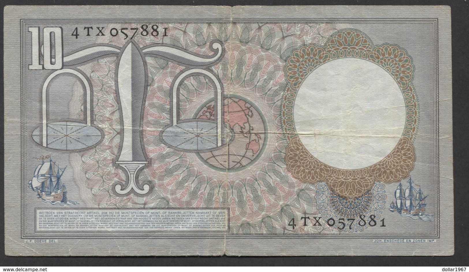 Netherlands 10 Gulden, 1953  -  4 TX 057881 - See The 2 Scans For Condition.(Originalscan ) - 10 Florín Holandés (gulden)