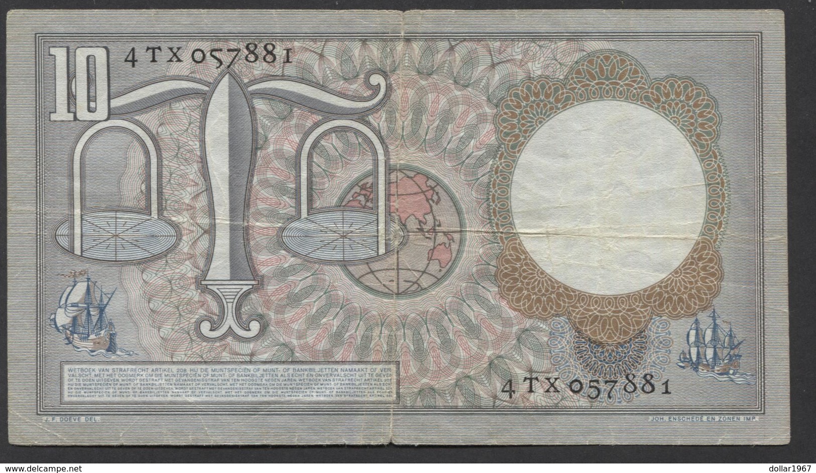 Netherlands 10 Gulden, 1953  -  4 TX 057881 - See The 2 Scans For Condition.(Originalscan ) - 10 Gulden