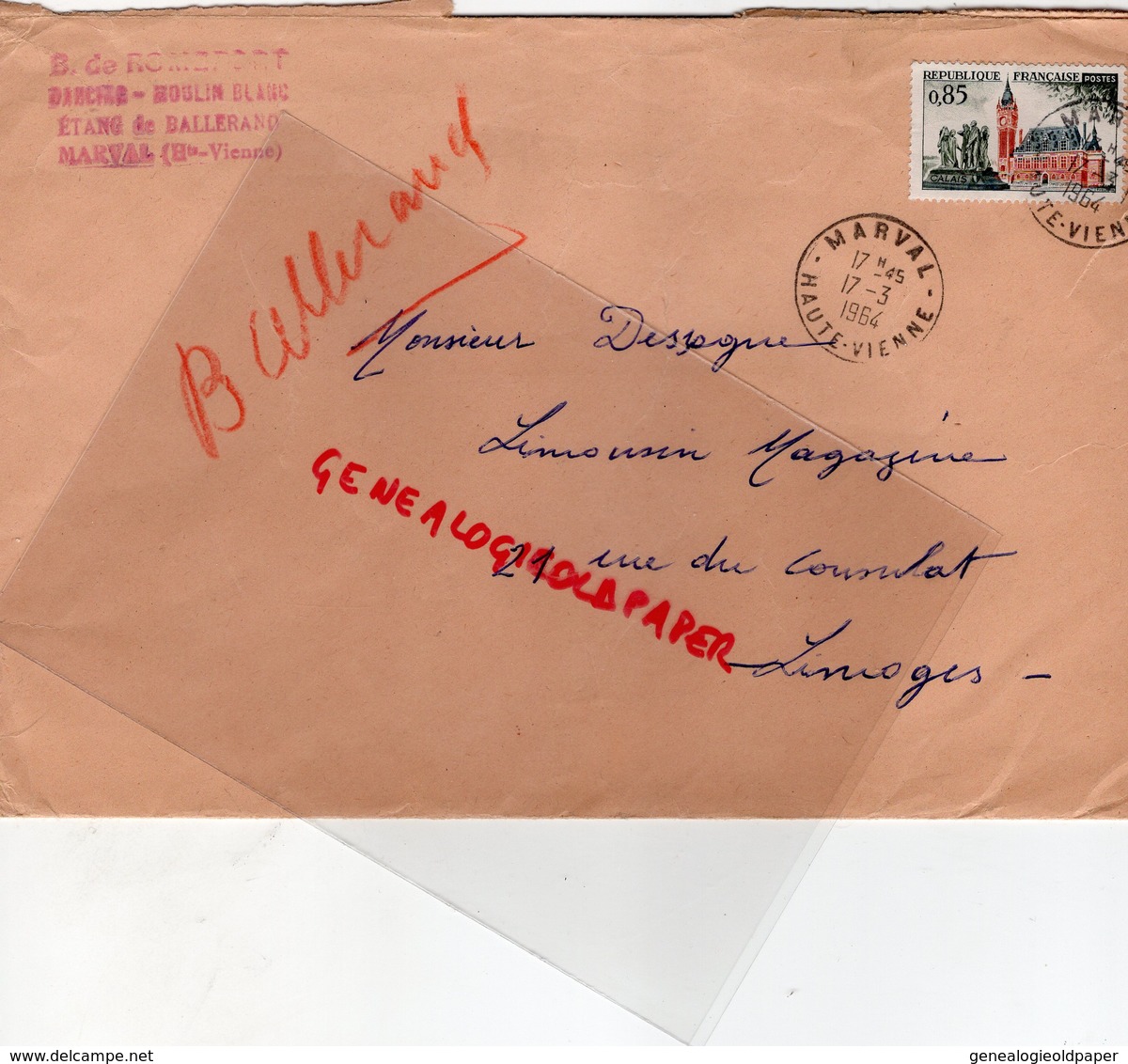 87-MARVAL- RARE ENVELOPPE B. DE ROMEFORT DANCING MOULIN BLANC ETANG DE BALLERAND- 1964 - Other & Unclassified