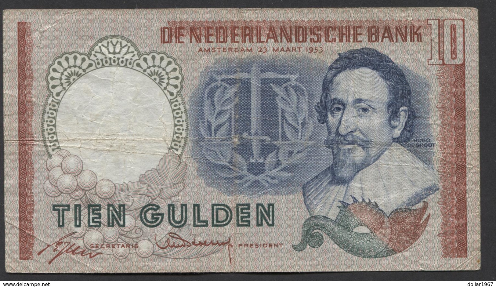 Netherlands 10 Gulden, 1953  -  BHB 082102  - See The 2 Scans For Condition.(Originalscan ) - 10 Florín Holandés (gulden)