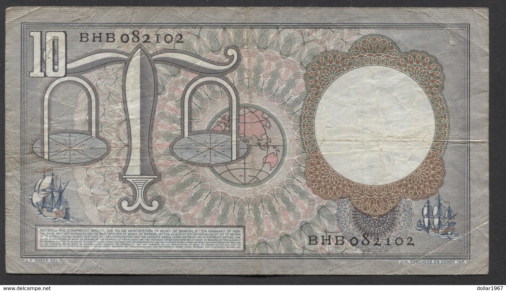 Netherlands 10 Gulden, 1953  -  BHB 082102  - See The 2 Scans For Condition.(Originalscan ) - 10 Florín Holandés (gulden)