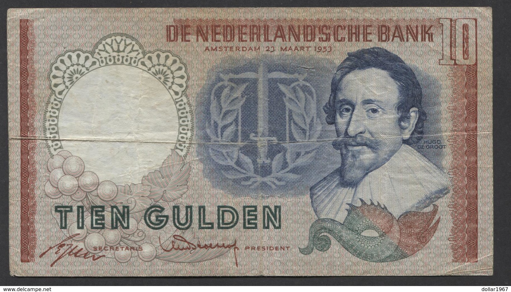 Netherlands 10 Gulden, 23-3-1953  -  BLS 079723  - See The 2 Scans For Condition.(Originalscan ) - 10 Florín Holandés (gulden)