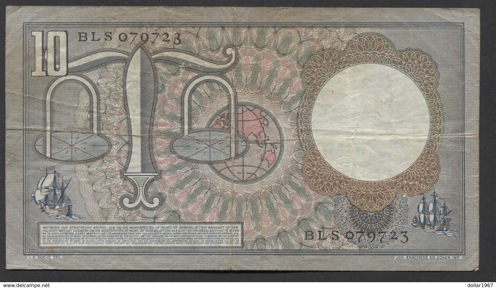 Netherlands 10 Gulden, 23-3-1953  -  BLS 079723  - See The 2 Scans For Condition.(Originalscan ) - 10 Florín Holandés (gulden)