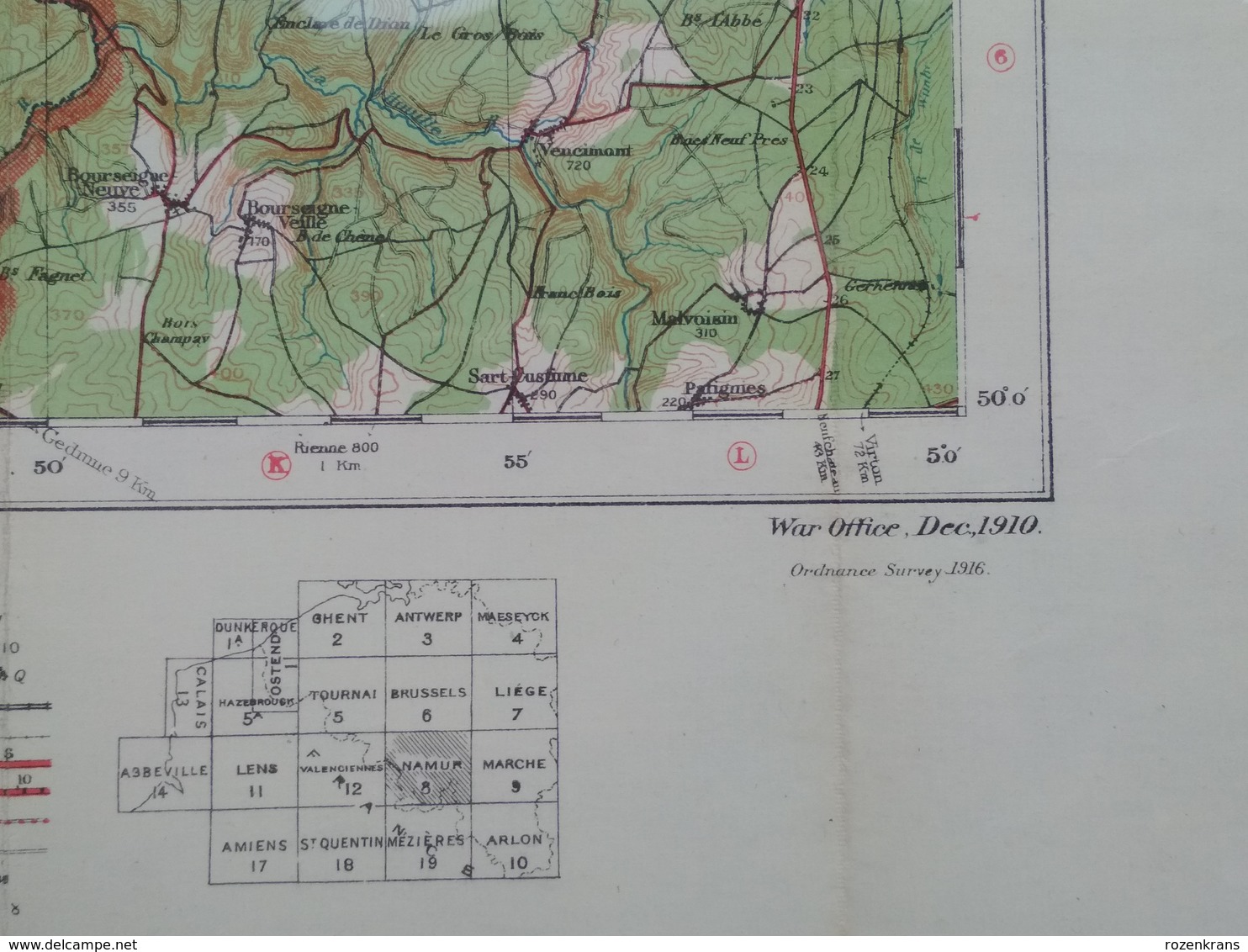 Topografische en militaire kaart STAFKAART 1916 UK War Office WW1 WWI Charleroi Namur Dinant Givet Chatelet