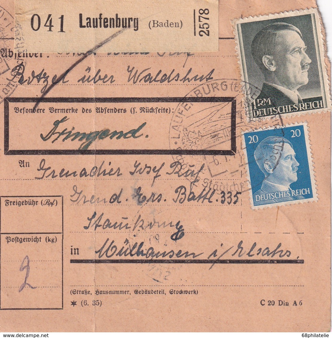 ALLEMAGNE COLIS POSTAL/PAKETKARTE 1944 DE LAUFENBURG - Covers & Documents
