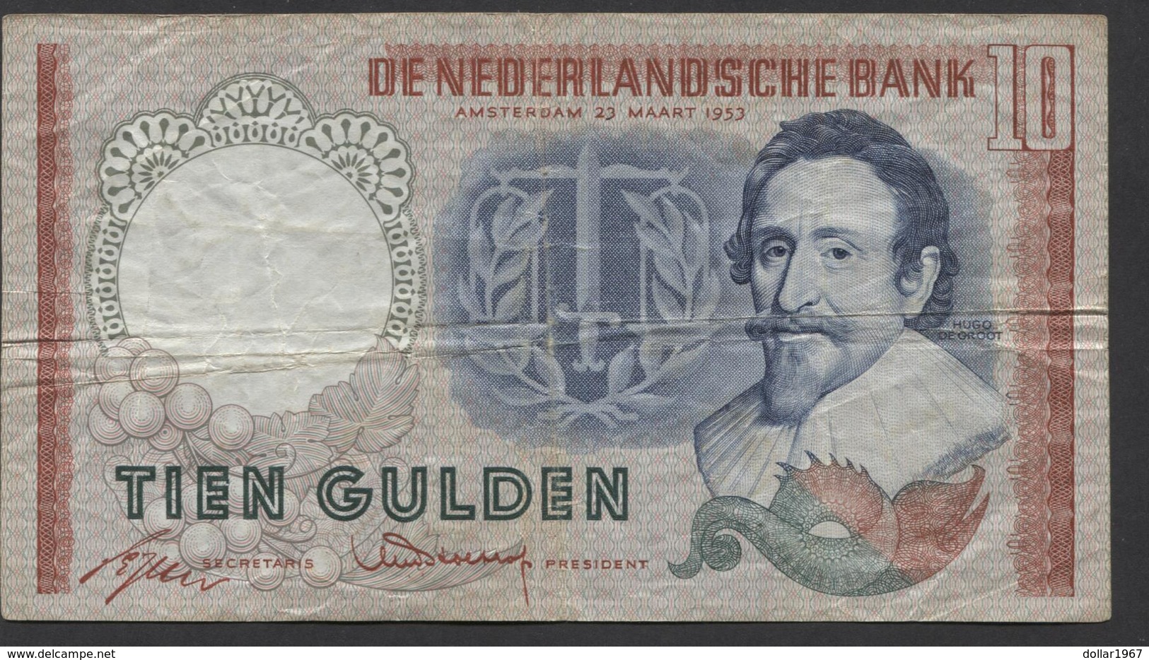 Netherlands 10 Gulden, 23-3-1953  -  DHY 015447  - See The 2 Scans For Condition.(Originalscan ) - 10 Florín Holandés (gulden)