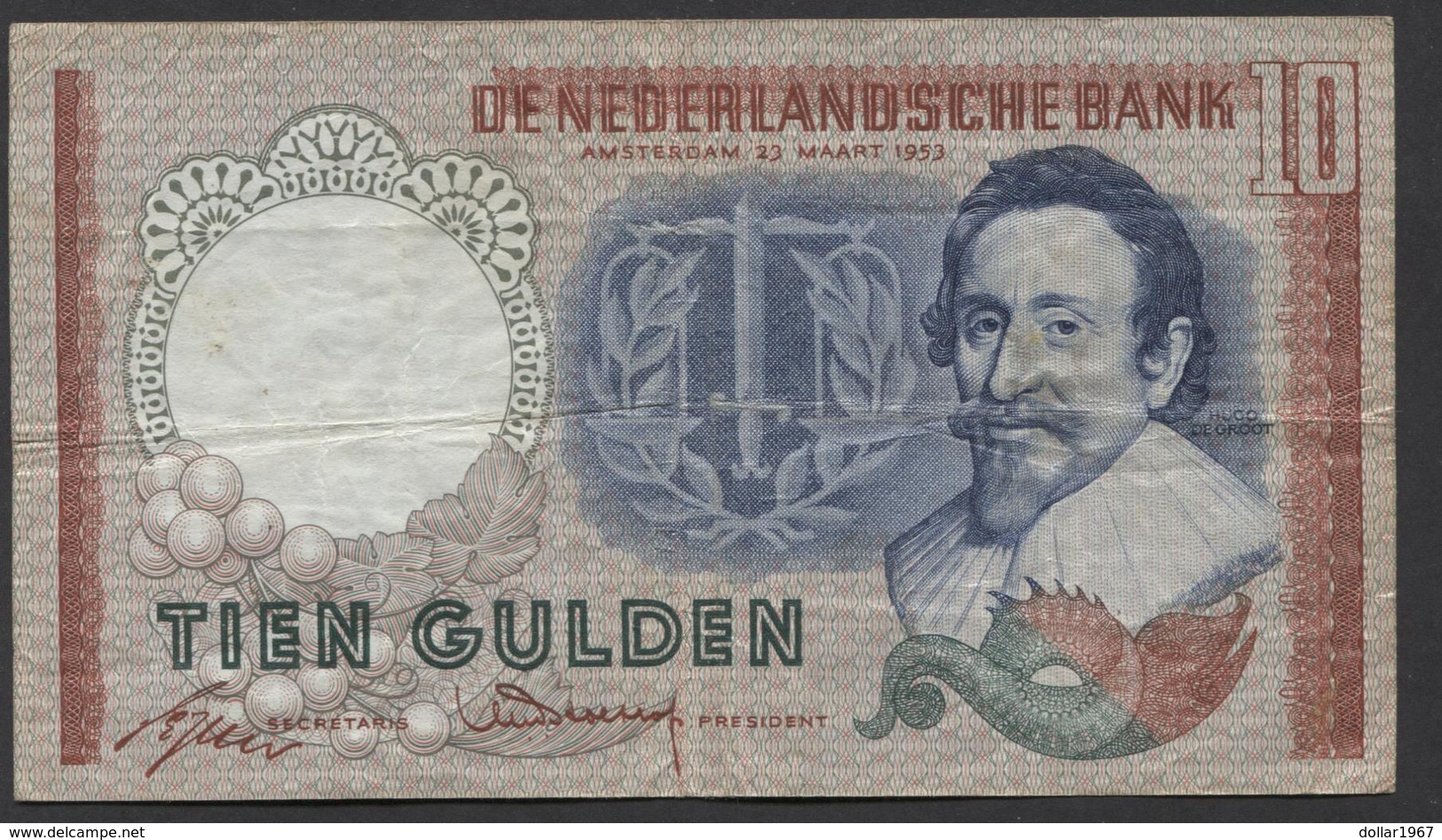 Netherlands 10 Gulden, 23-3-1953  -  AEM 090121  - See The 2 Scans For Condition.(Originalscan ) - 10 Florín Holandés (gulden)