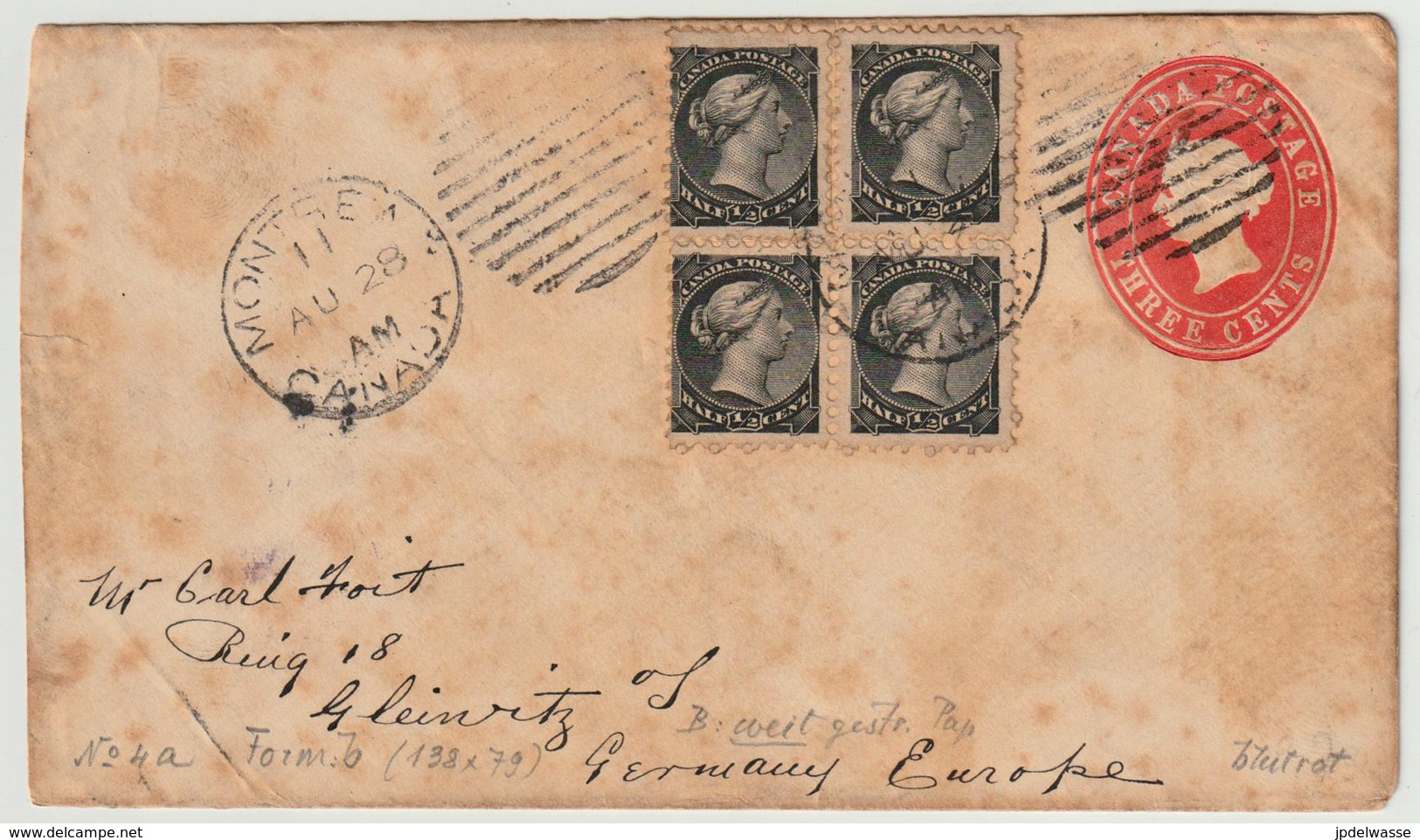 Enveloppe EN4 (Webb) 3 C Rouge + 4 X 1/2 C Noir (Scott 34) De Montréal à Gleiwitz (Allemagne) Le 28/8/1891 - 1860-1899 Règne De Victoria