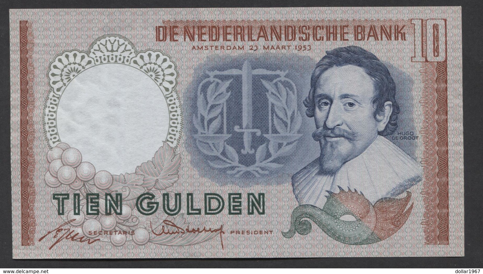 Netherlands 10 Gulden, 23-3-1953  -  DQS 086804 + DQS 086895  UNC- / P - See The 2 Scans For Condition.(Originalscan ) - 10 Gulden