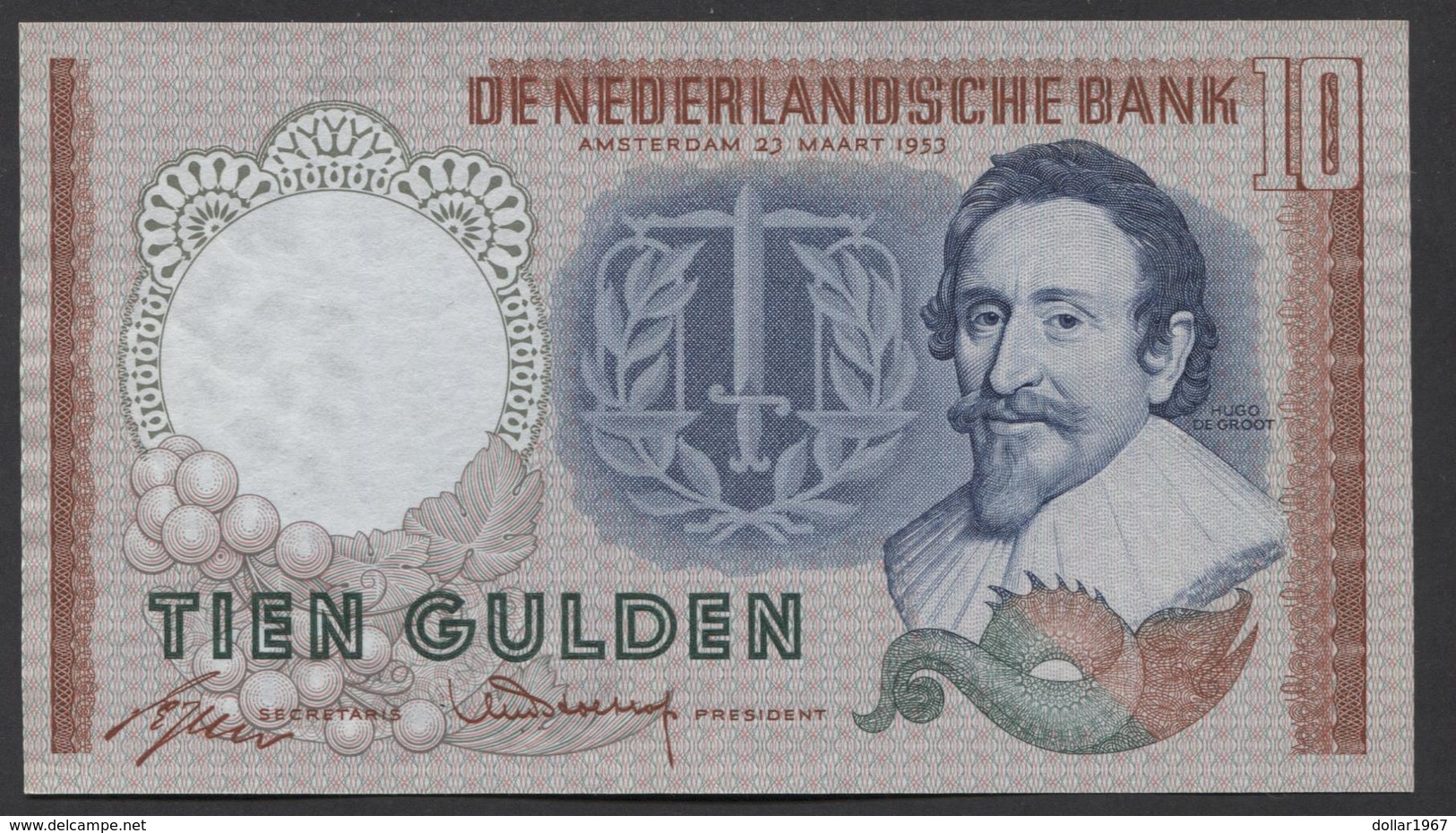 Netherlands 10 Gulden, 23-3-1953  -  DQS 086804 + DQS 086895  UNC- / P - See The 2 Scans For Condition.(Originalscan ) - 10 Gulden