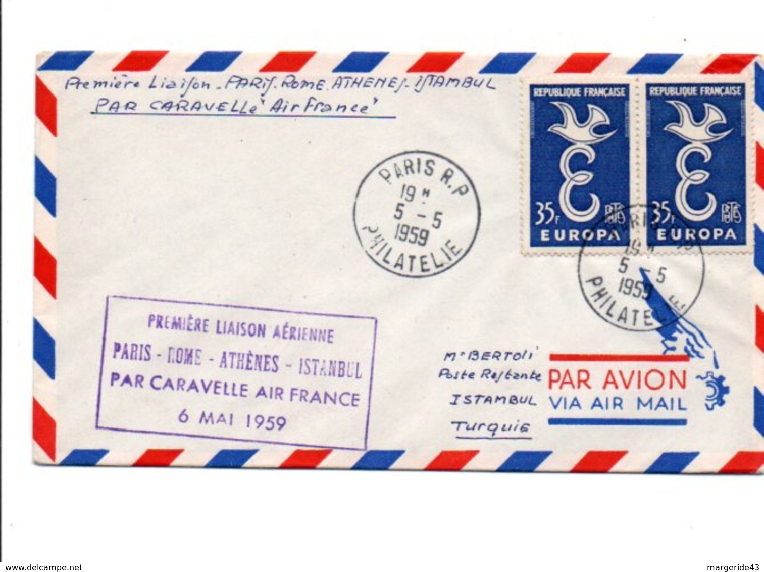 PREMIERE LIAISON AERIENNE PARIS-ROME-ATHENES-ISTANBUL PAR CARAVELLE AIR FRANCE 1959 - 1960-.... Lettres & Documents