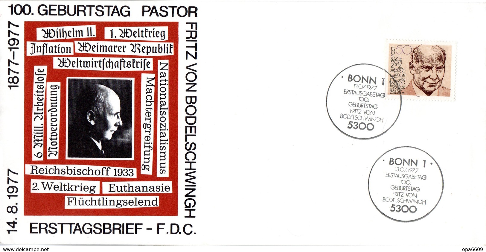 BRD Schmuck-FDC (Langformat) "100. Geburtstag Von Friedrich Von Bodelschwingh", Mi. 942 ESSt 13.7.1977 BONN 1 - Otros & Sin Clasificación