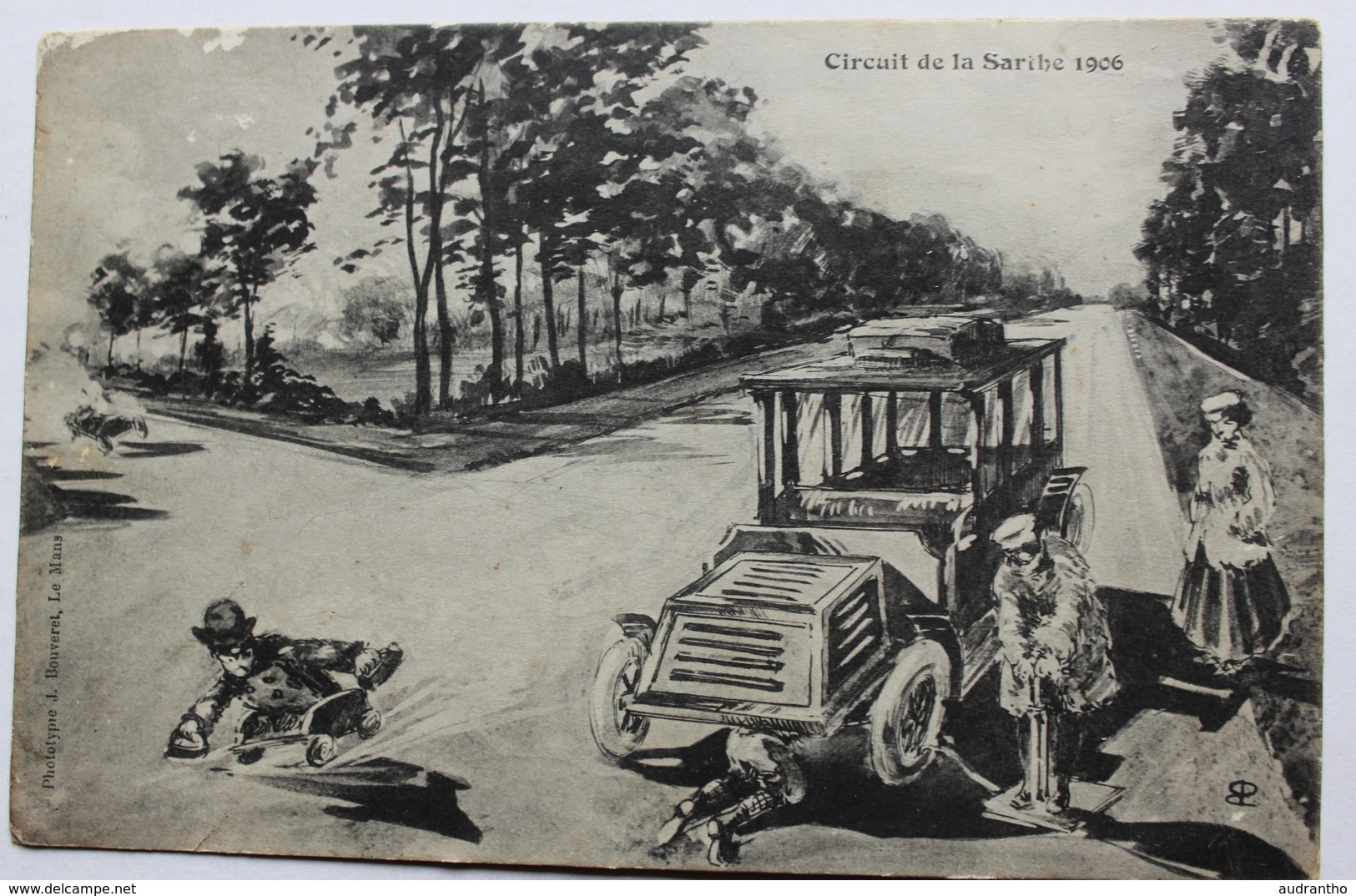 CPA Peu Courante Illustrateur Circuit De La Sarthe 1906 Phototypie J. Bouveret Automobile Course Des 24 Heures Du Mans - Le Mans