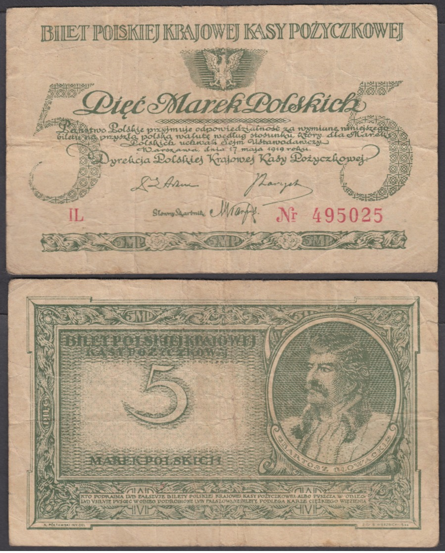 Poland 5 Marek 1919 (F) Condition Banknote P-20 - Poland