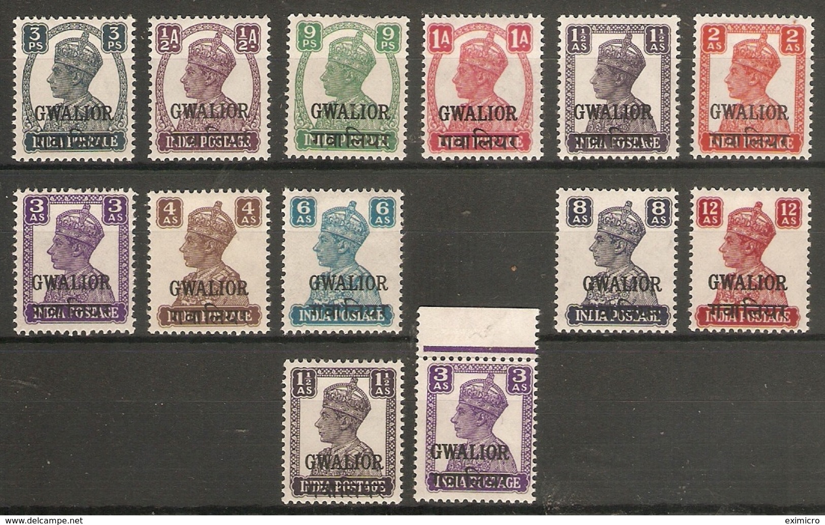 INDIA - GWALIOR 1942 - 1945 SET PLUS 1½a And 3a TYPOGRAPHICAL PRINTINGS SG 118/128 LMM/UM Cat £55 - Gwalior
