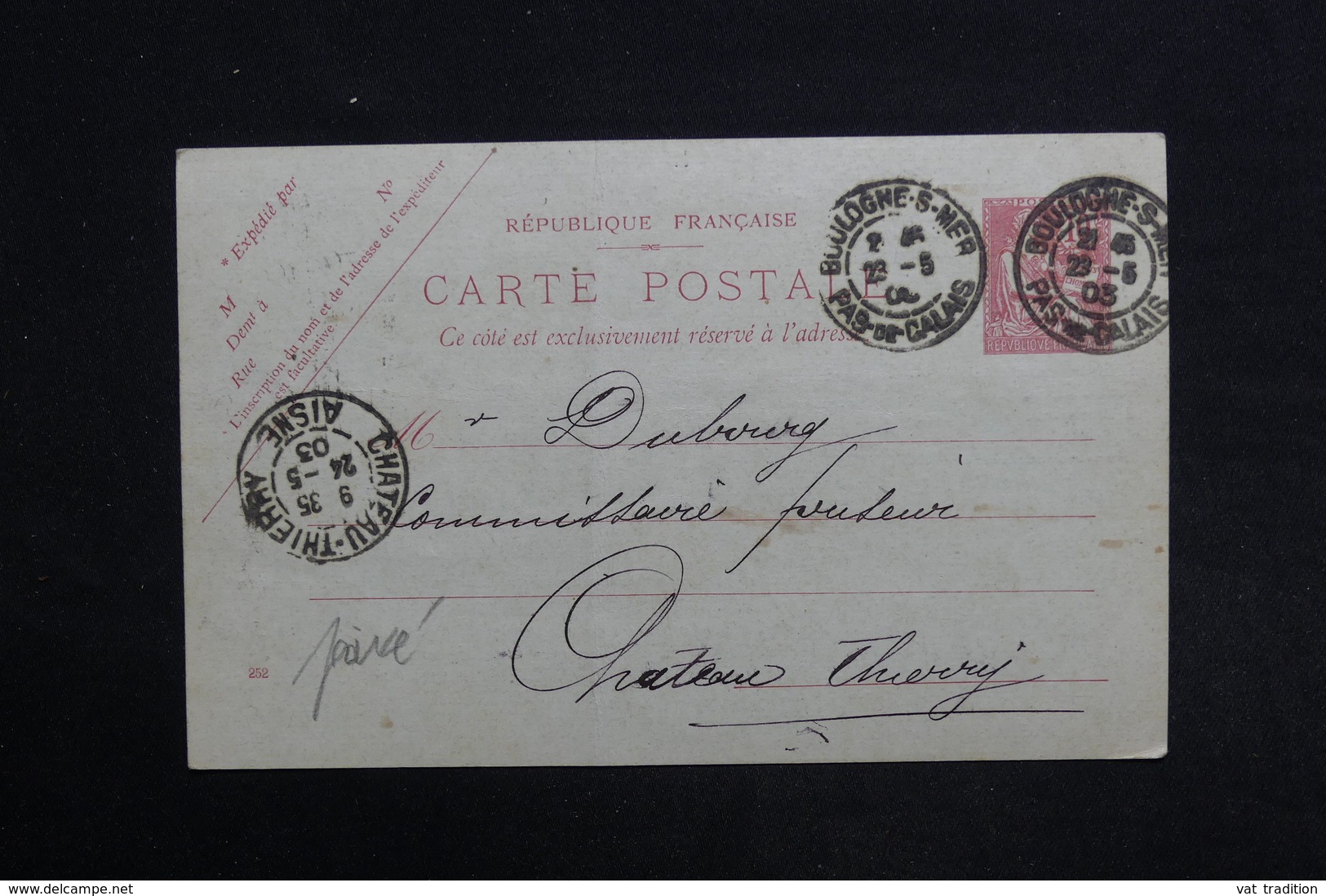 FRANCE - Entier Postal Commerciale De Boulogne / Mer ( Repiquage Au Verso ) Pour Château Thierry En 1903 - L 29038 - Cartes Postales Types Et TSC (avant 1995)