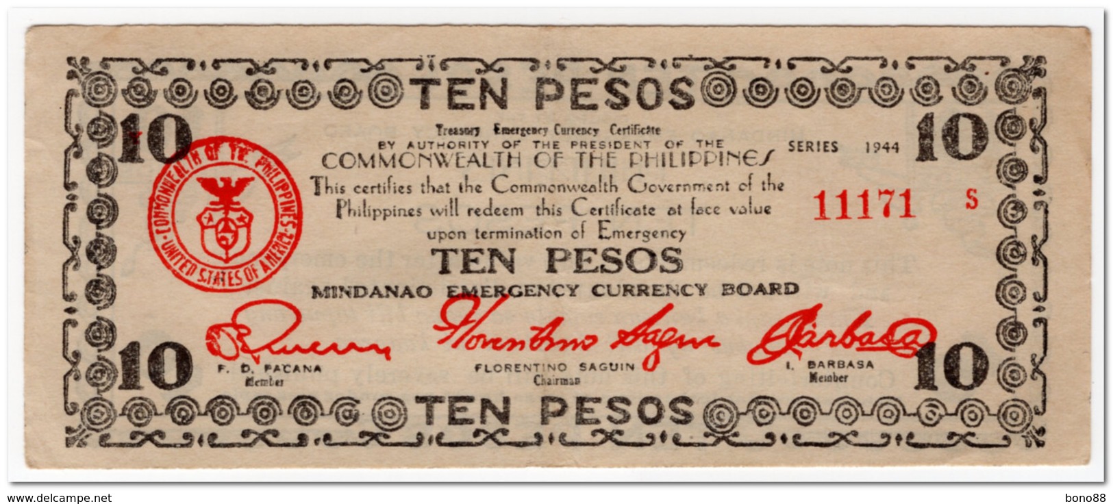 PHILIPPINES,EMERGENCY ISSUE,10 PESOS,1944,XF - Filipinas