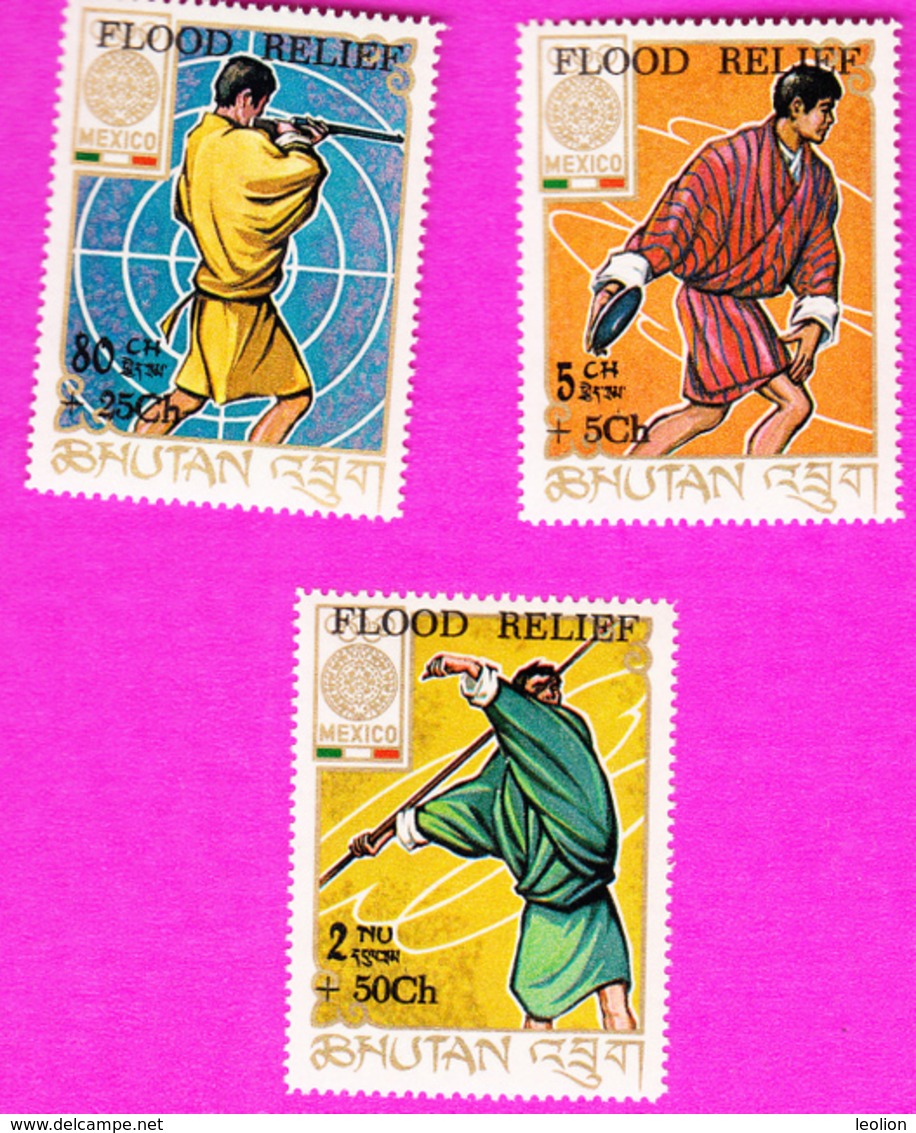 BHUTAN 1968 Overprinted Surcharged Stamps Set "Flood Relief" MNH Scott B5 - B7 On Mexico Olympics Bhoutan - Bhutan