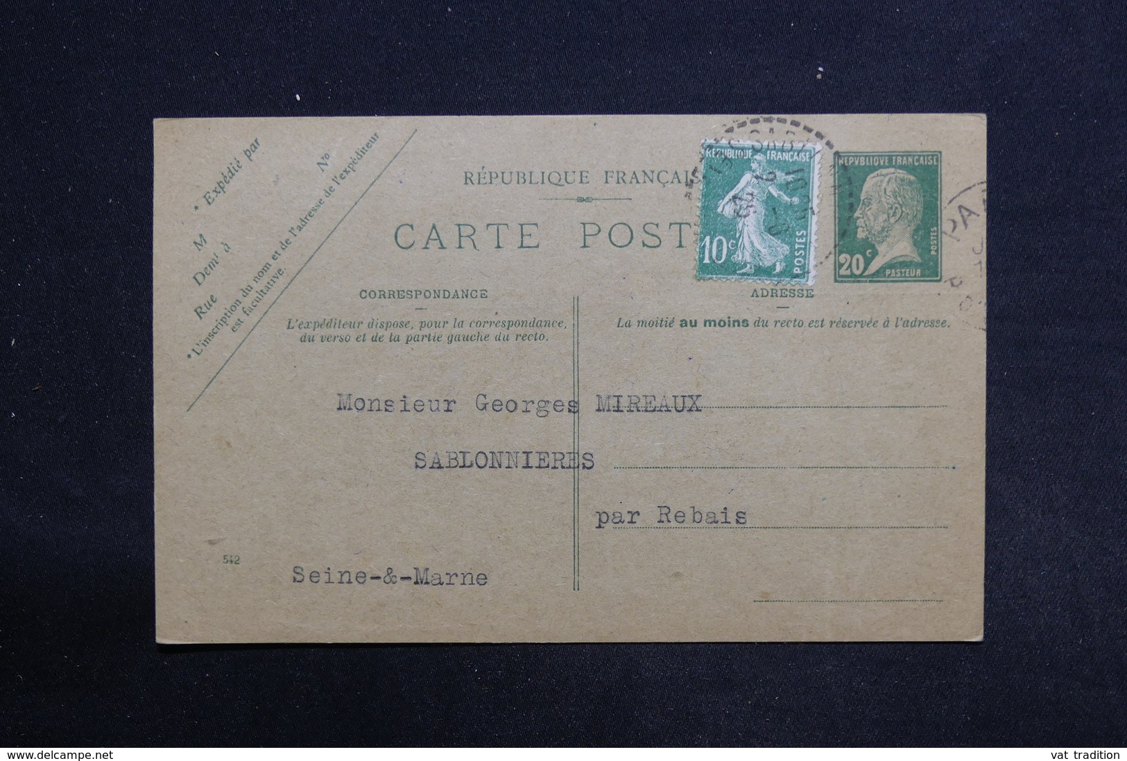 FRANCE - Entier Postal Commerciale ( Repiquage Au Verso ) Type Pasteur + Complément Semeuse De Paris En 1926 - L 29048 - Cartes Postales Types Et TSC (avant 1995)