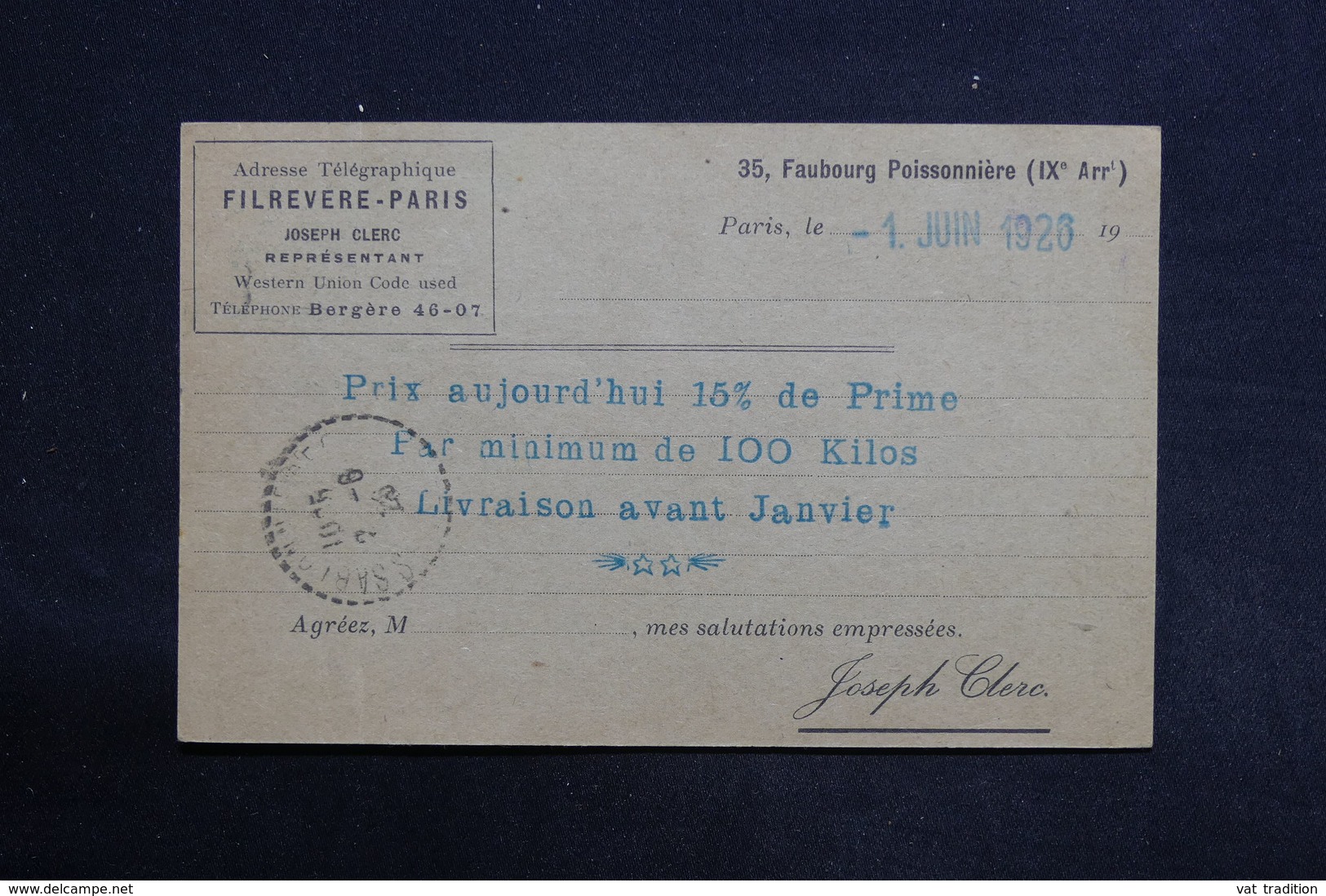 FRANCE - Entier Postal Commerciale ( Repiquage Au Verso ) Type Pasteur + Complément Semeuse De Paris En 1926 - L 29048 - Cartes Postales Types Et TSC (avant 1995)