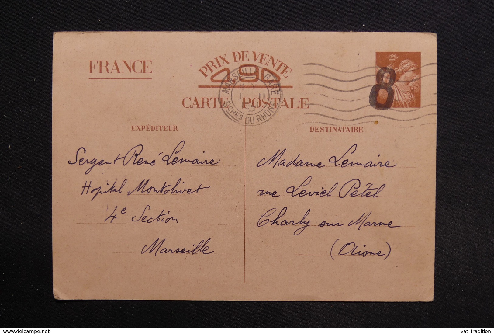 FRANCE - Entier Postal Type Iris De Marseille ( Hôpital Montolivet ) Pour Charly / Marne En 19421 - L 29050 - Cartes Postales Types Et TSC (avant 1995)