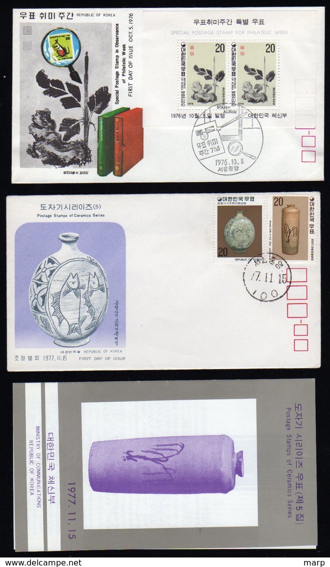 South Korea 1977 Ceramics Fdc With Folder And  S/Sheet FDC From 1976 Philatelic Week. - Corea Del Sur