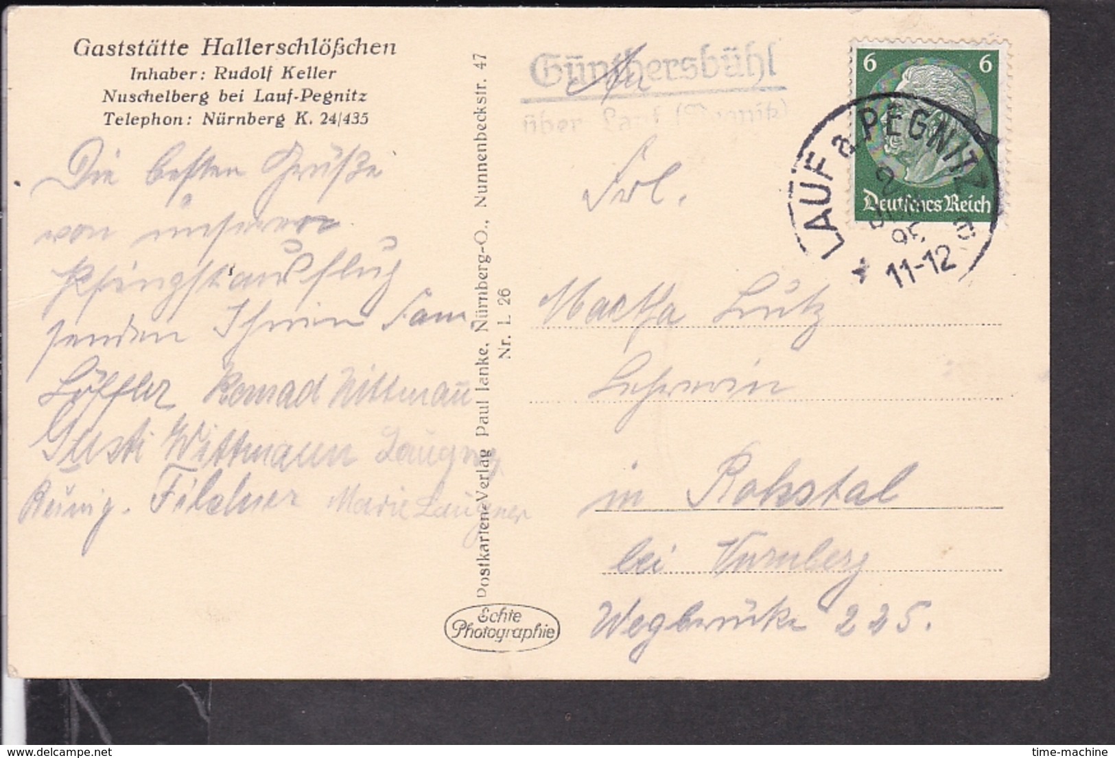 Gaststätte Hallerschlößchen Nuschelberg  Landpoststempel " Günthersbühl über Lauf (Pegnitz) 1935 - Lauf