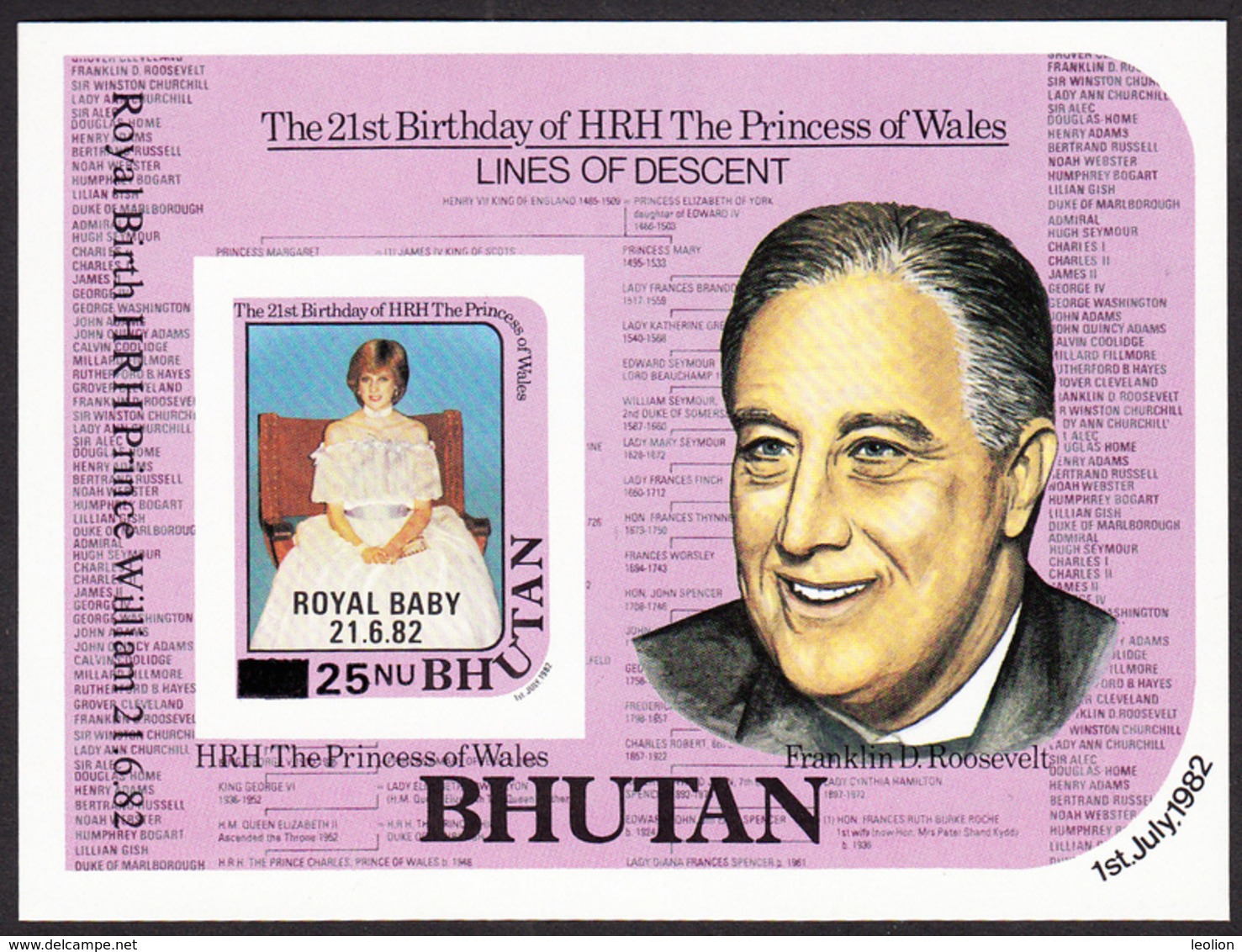 BHUTAN 1968 Overprinted Stamps Souvenir Sheet "Royal Baby 21.6.82" On Princess Diana MNH Scott 363 IMPERF Imperforated - Bhoutan