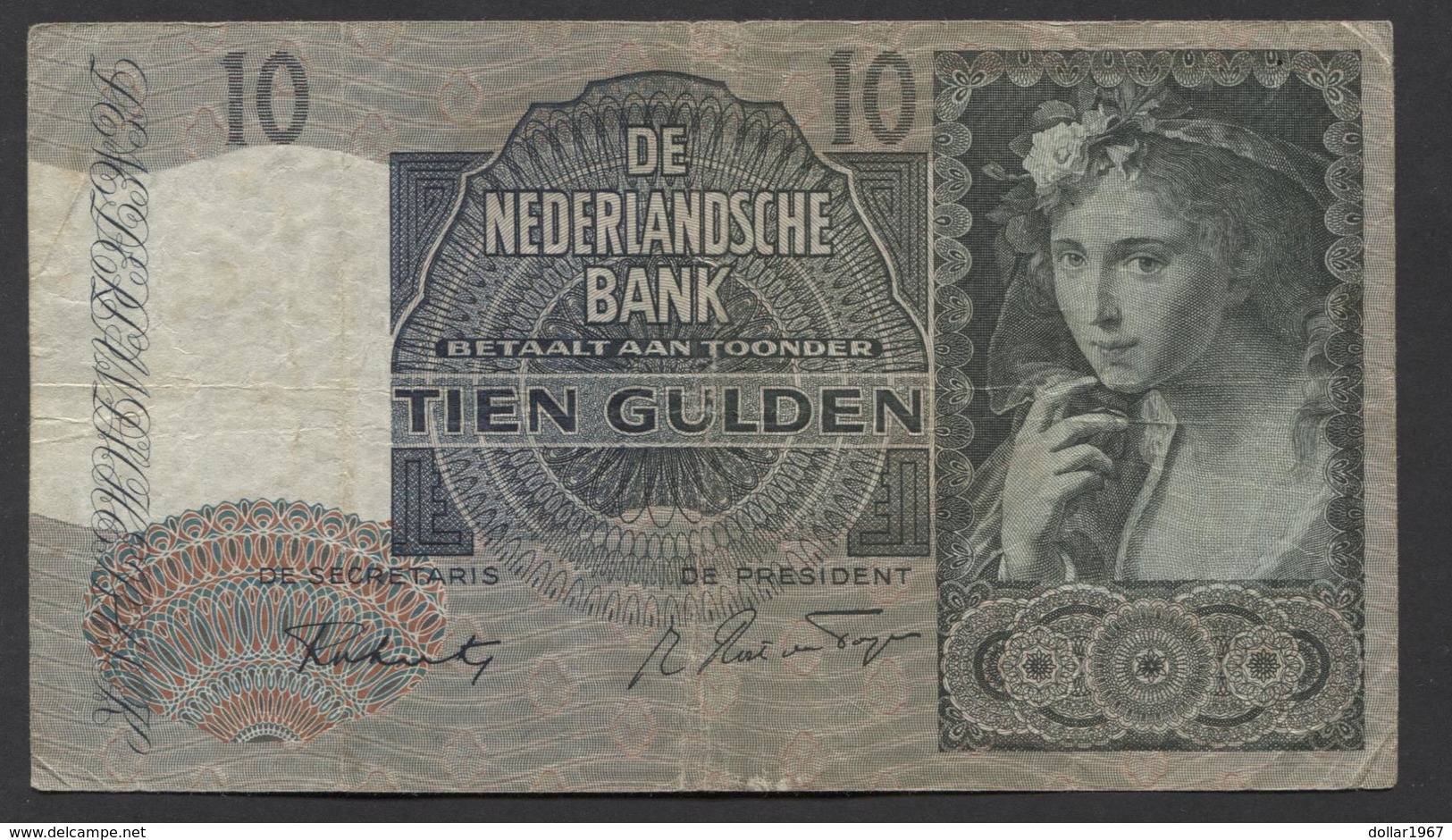 Netherlands 10 Gulden 9-6-1941 / 21-9-1942 NO 3 AQ 094655,  - See The 2 Scans For Condition.(Originalscan ) - 10 Florín Holandés (gulden)