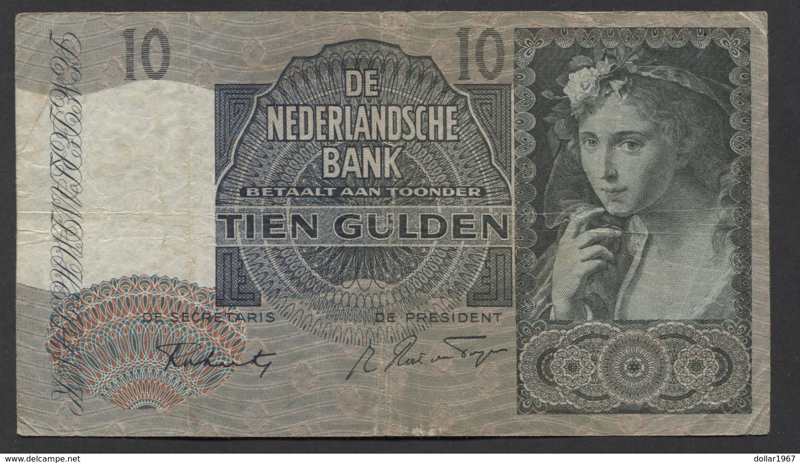 Netherlands 10 Gulden 9-6-1941 / 21-9-1942 NO 3 AQ 094655,  - See The 2 Scans For Condition.(Originalscan ) - 10 Gulden