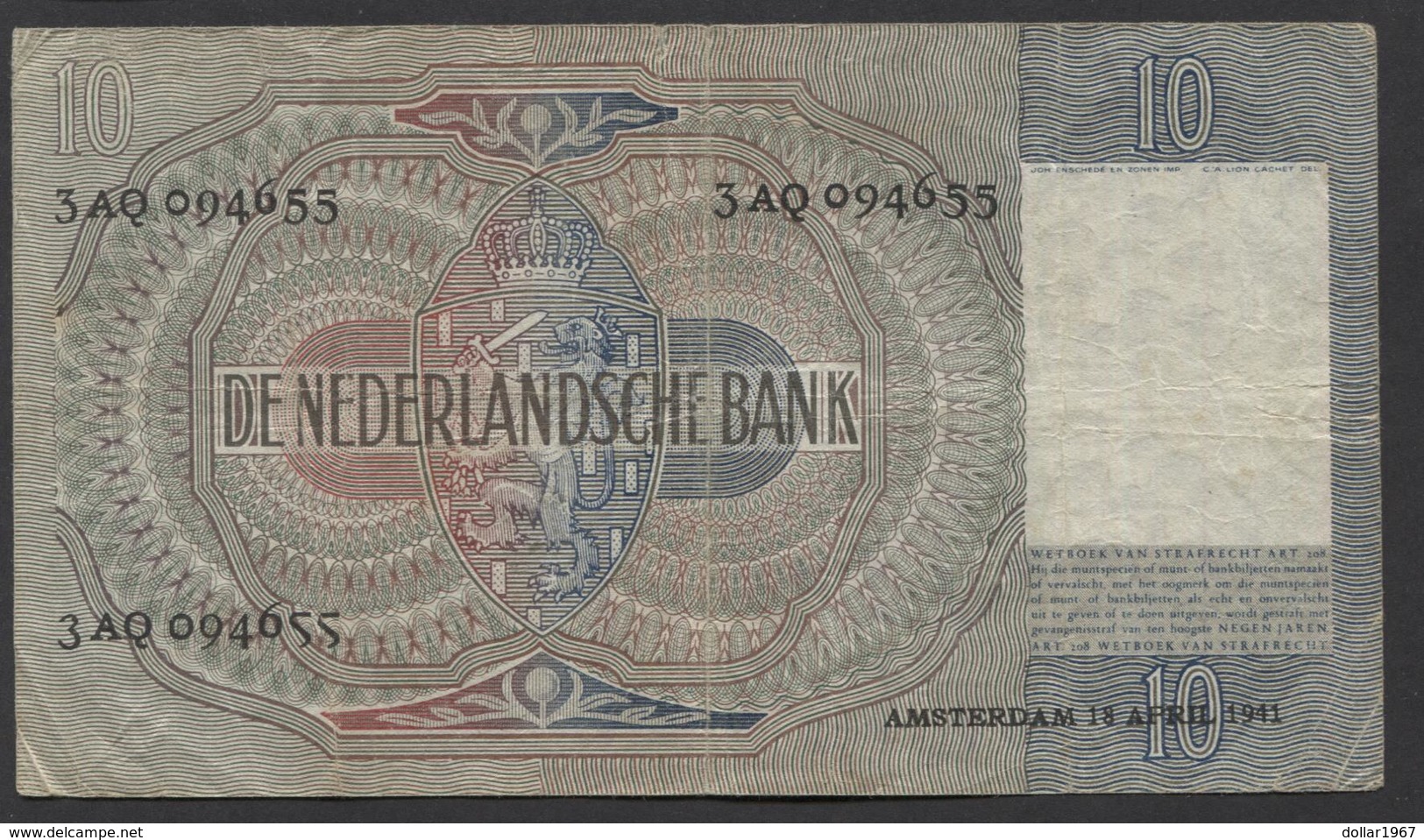 Netherlands 10 Gulden 9-6-1941 / 21-9-1942 NO 3 AQ 094655,  - See The 2 Scans For Condition.(Originalscan ) - 10 Gulden