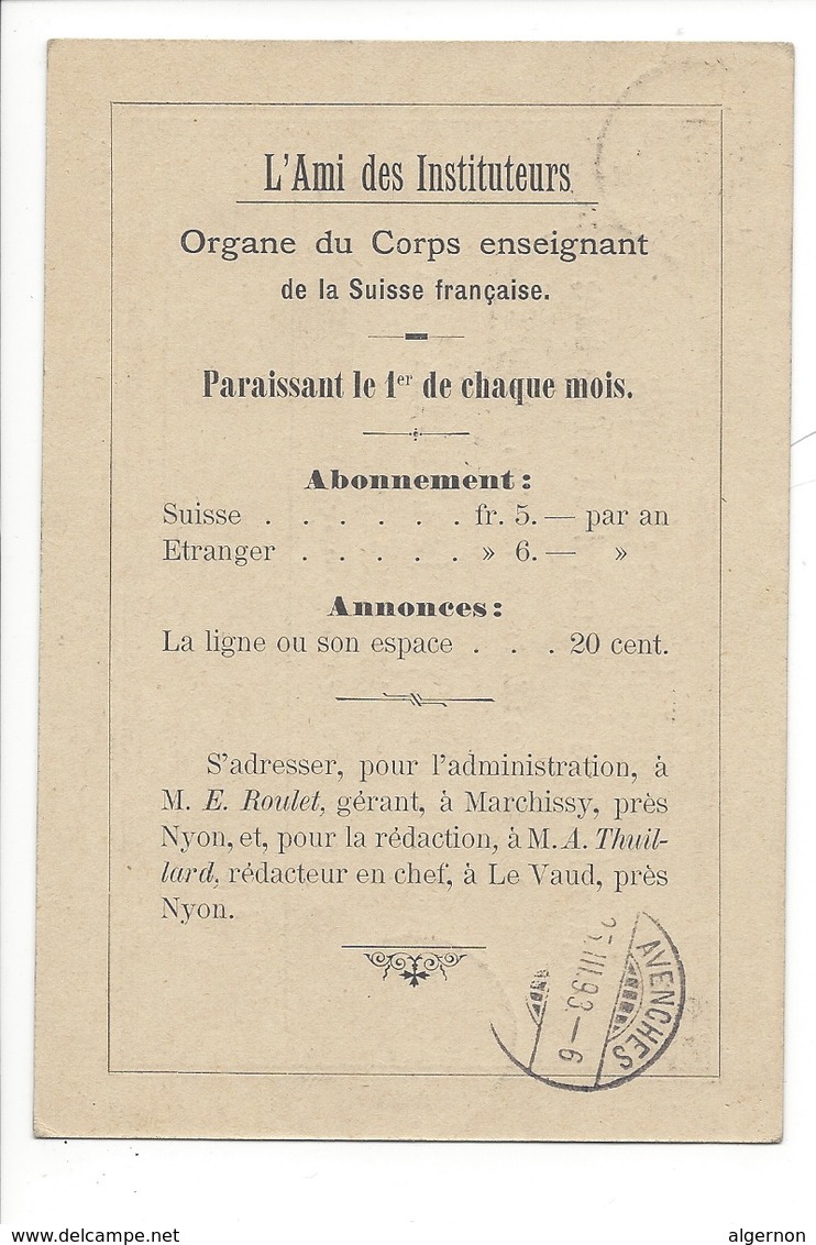 22036 - Marchissy L'Ami Des Instituteurs Abonnement 1893 Pour Chbrey Avenches + Cachet Salavaux 1893 - Sonstige & Ohne Zuordnung