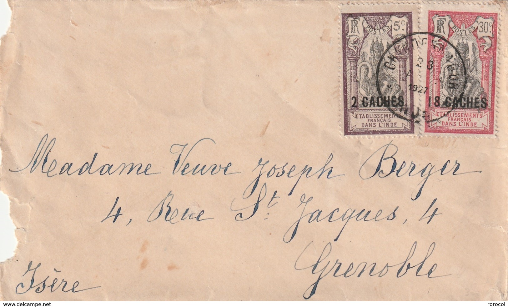 LETTRE 1927 CHANDERNAGOR Pour Grenoble - Storia Postale