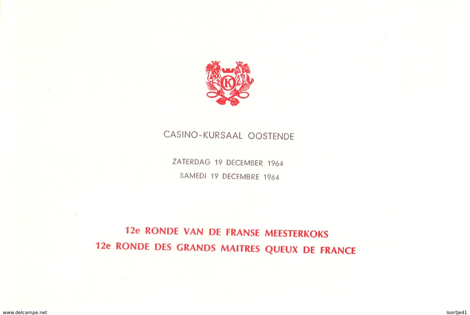 Menu 12° Ronde Franse Meesterkoks - La Mère Guy - Roger Roucou Lyon - Casino Kursaal Oostende 1964 - Menus