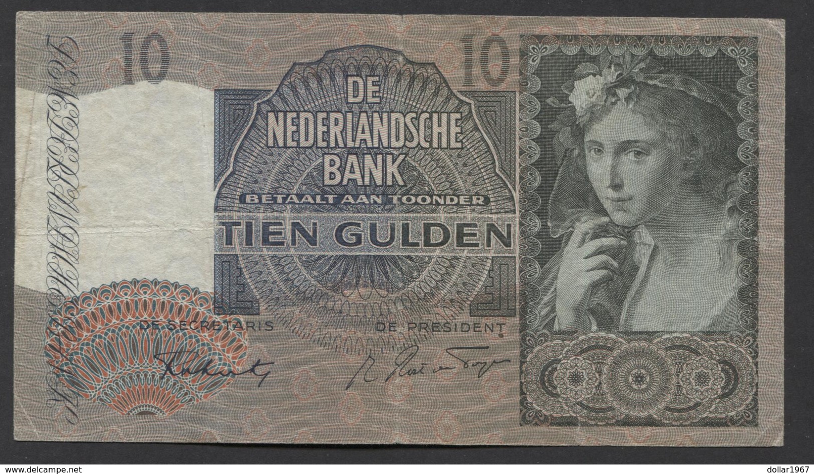 Netherlands 10 Gulden 9-6-1941 / 21-9-1942 NO 1 BF 062568,  - See The 2 Scans For Condition.(Originalscan ) - 10 Florín Holandés (gulden)
