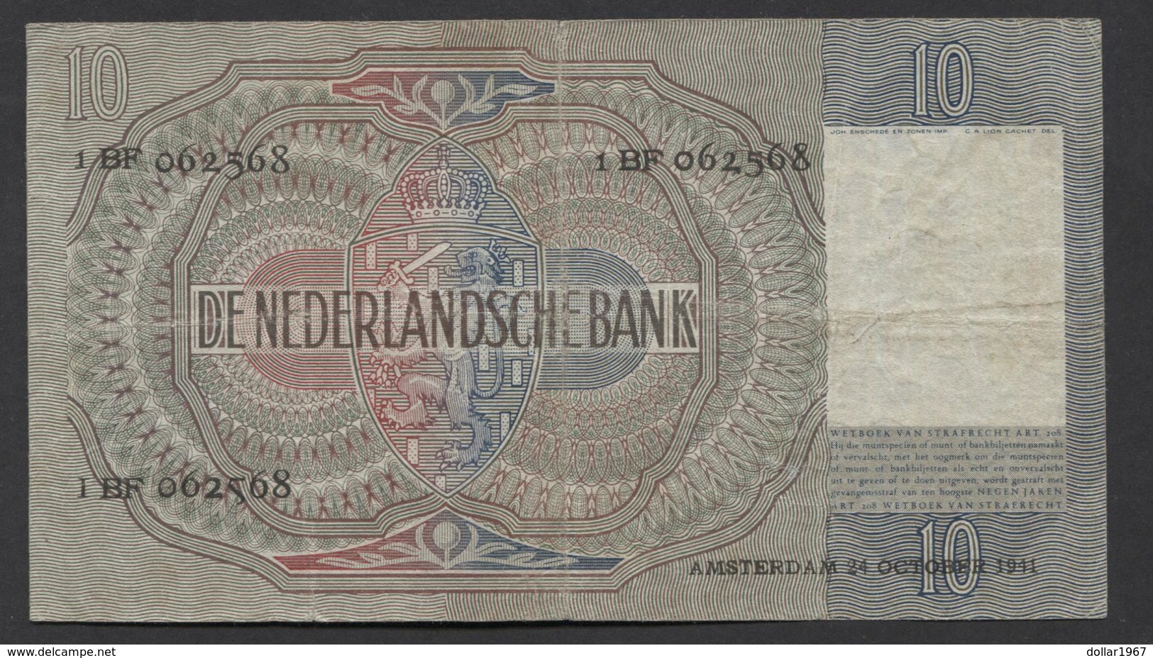 Netherlands 10 Gulden 9-6-1941 / 21-9-1942 NO 1 BF 062568,  - See The 2 Scans For Condition.(Originalscan ) - 10 Gulden