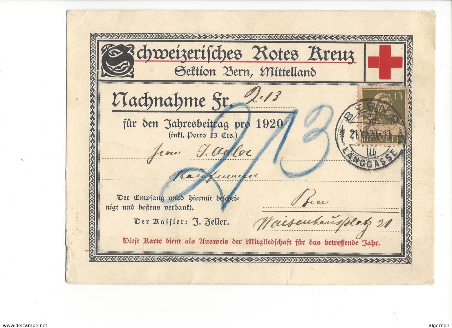 22039 - Bern  Mittelland Schweizerisches Rotes Kreuz Nachnahme 1920 Croix Rouge - Berne