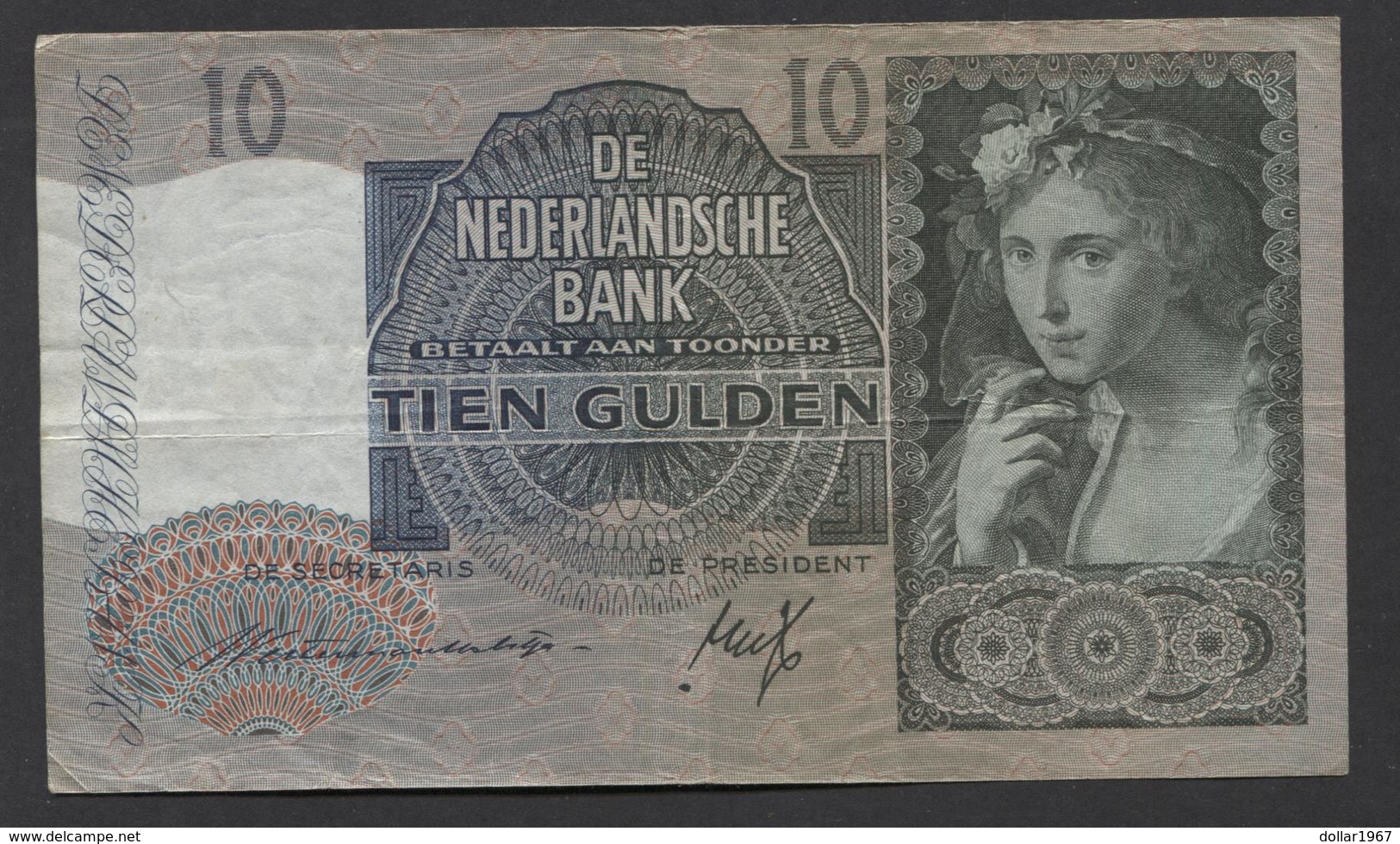 Netherlands 10 Gulden 9-6-1941 / 21-9-1942 NO 7 AM 079328,  - See The 2 Scans For Condition.(Originalscan ) - 10 Florín Holandés (gulden)