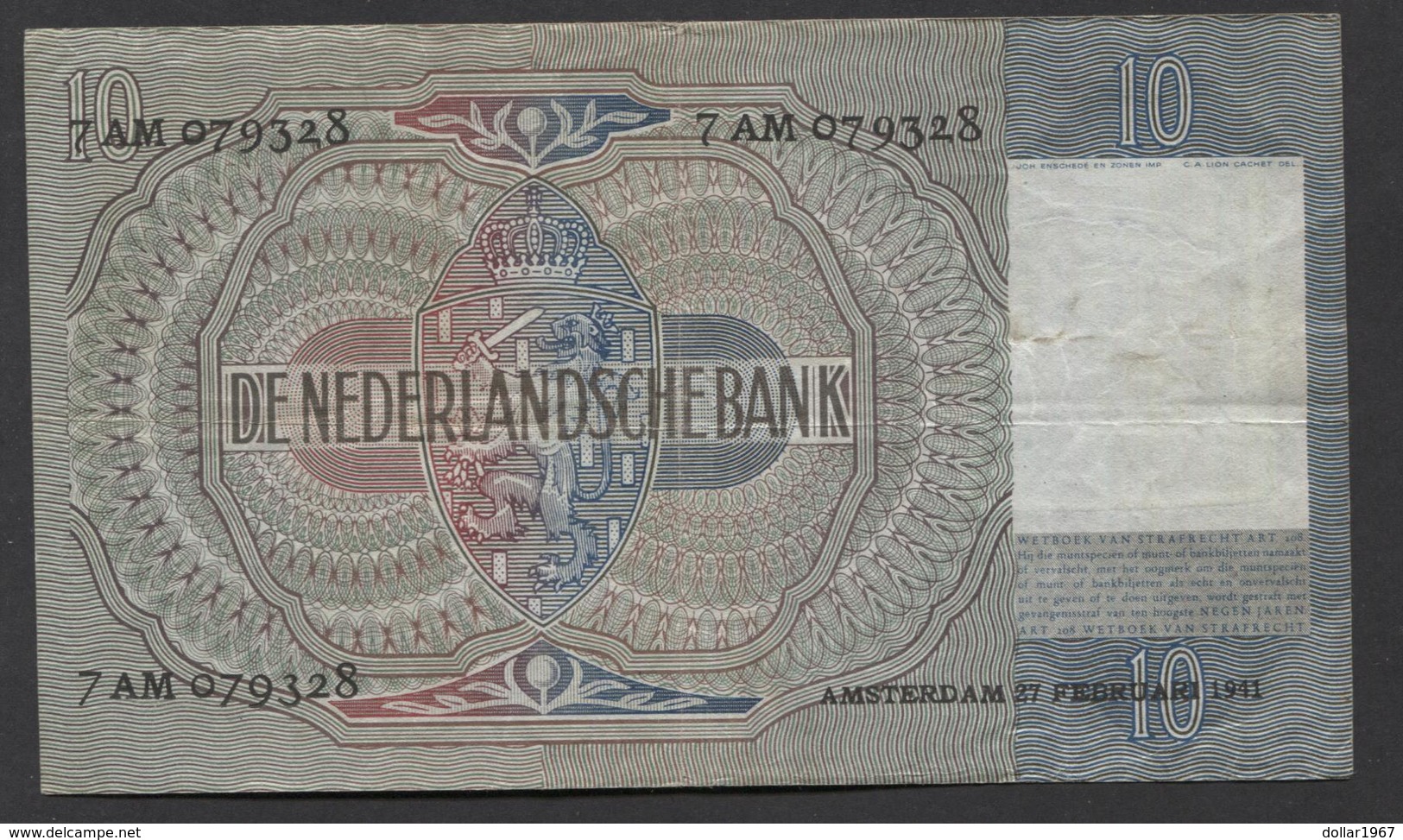 Netherlands 10 Gulden 9-6-1941 / 21-9-1942 NO 7 AM 079328,  - See The 2 Scans For Condition.(Originalscan ) - 10 Florín Holandés (gulden)