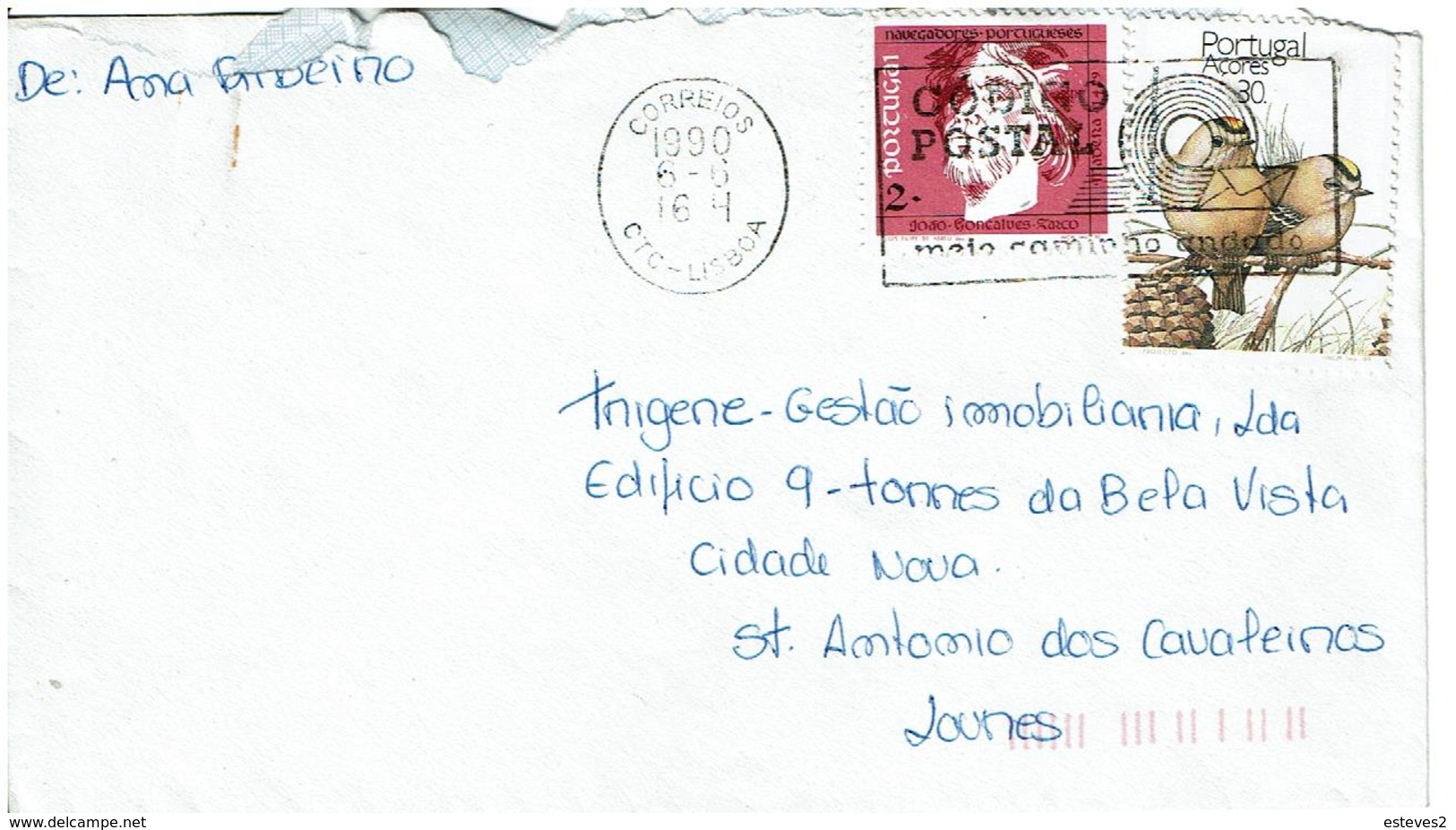 Portugal , 1990 , Bird , Oiseaux , Açores , Azores , Slogan Postmark Lisboa CODIGO POSTAL , Flamme - Moineaux