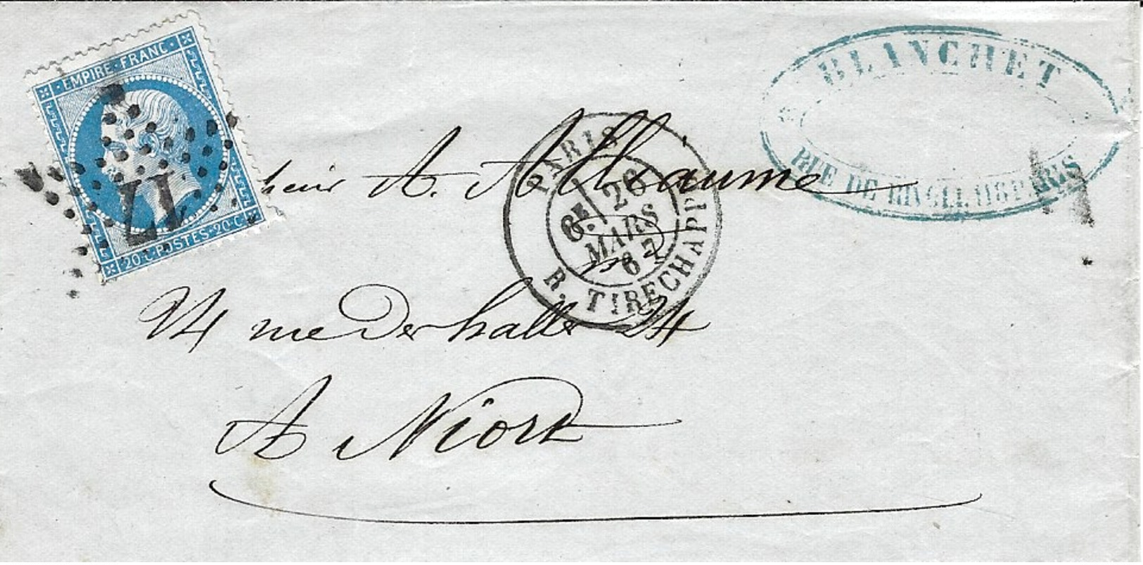 1867- Lettre De PARIS / R. TIRECHAPPE    Affr.  N°22  Oblit. étoile 17 - 1849-1876: Période Classique