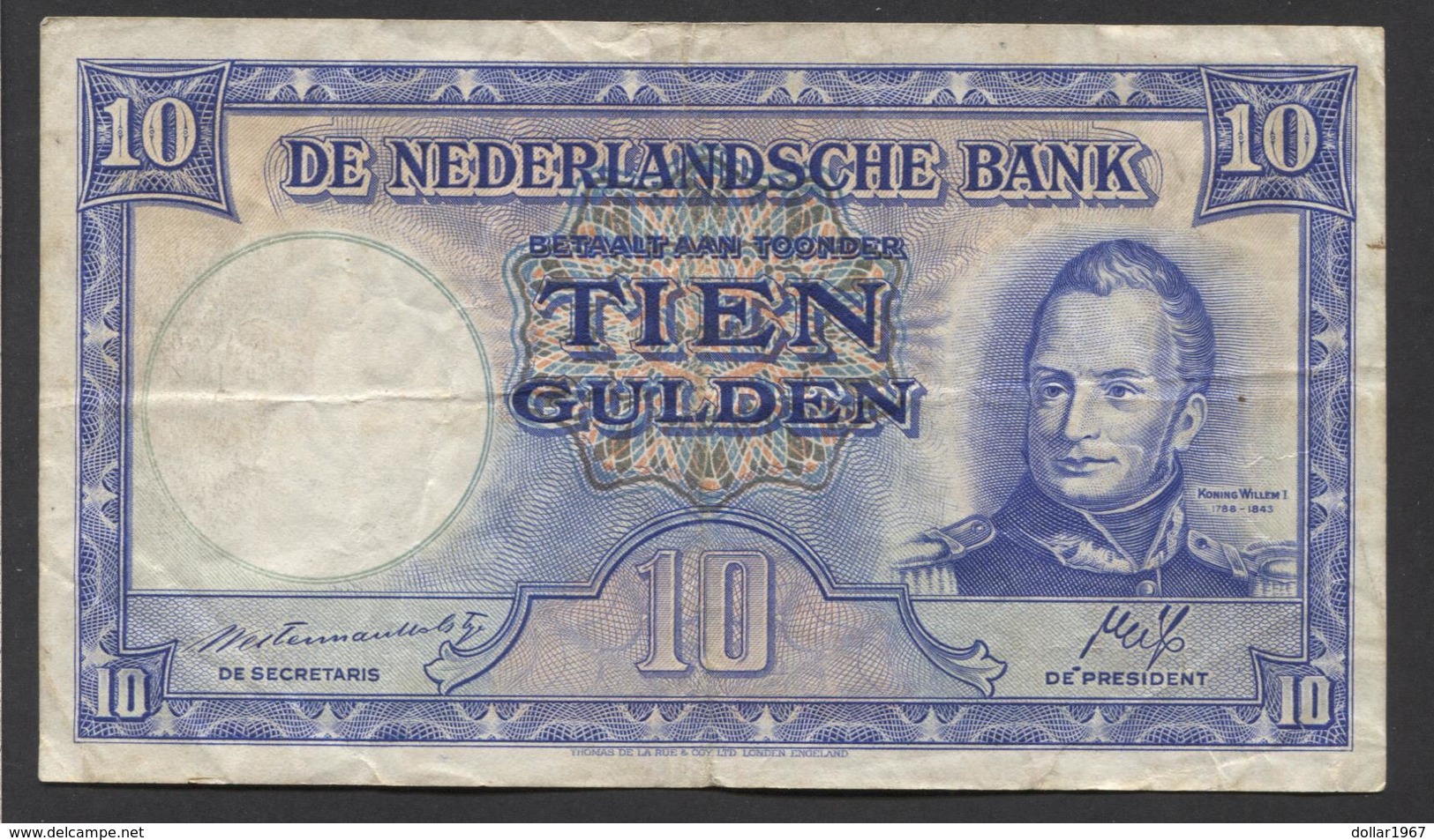 Netherlands 10 Gulden 7-5-1945 - 35.1a , No 2 AN 851730,  - See The 2 Scans For Condition.(Originalscan ) - 10 Gulden